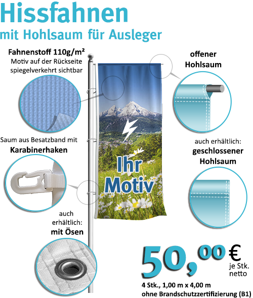 Hissfahnen mit Hohlsaumausleger Hissfahnen mit Hohlsaum für Ausleger